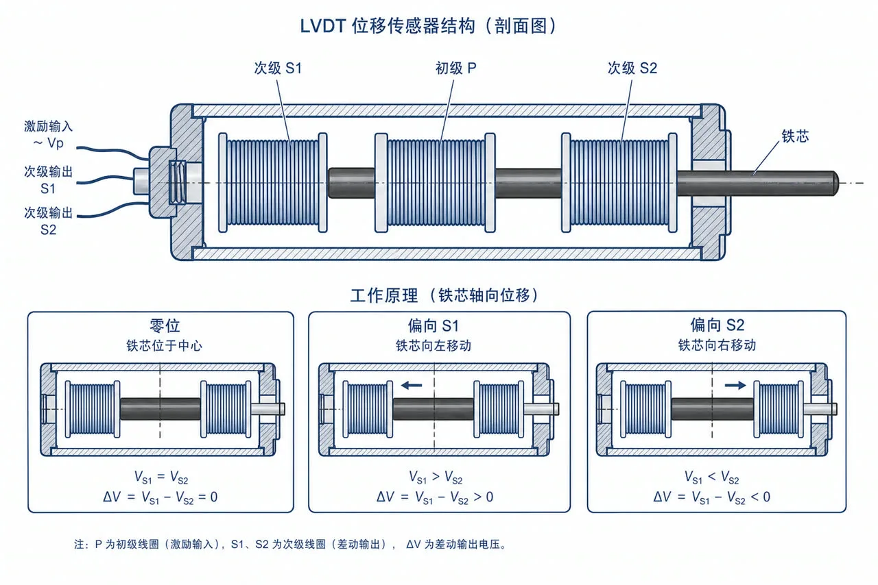 LVDT 线性可变差动变压器剖视图:初级线圈、两组次级与铁芯工作范围