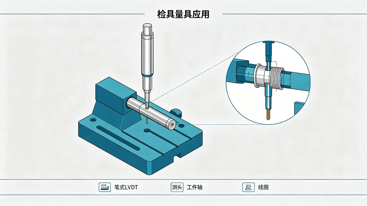 LVDT 在检具量具上的应用示意:笔式测头压在工件上
